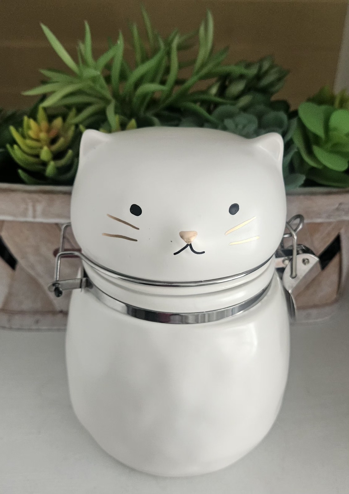 White Cat Kitty Hinged Canister Treat Storage Jar ADORABLE Never Used