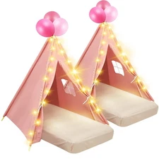 2 Pack Kids Teepee Tent with Mattress,Fitted Sheet,Light String,Washable Natu...