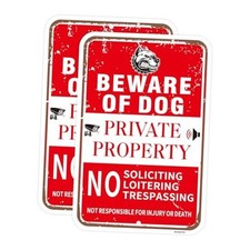 2 Pcs Beware of Dog Sign, 12"x18" Red Private Property Metal Sign, No