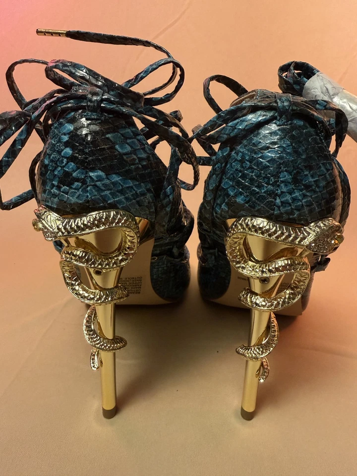 Shoedazzle BEANEE, Sandalias de Tacón-Azul Pavo Real Piel de Serpiente Talla 7 Borde Dorado Foto 2 de 4