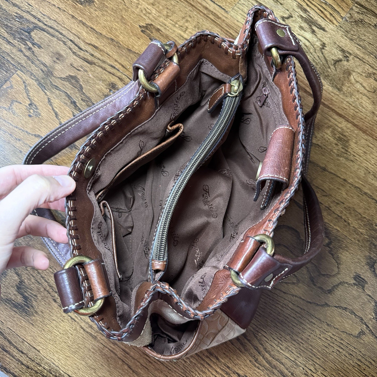 Fossil Patchwork Logo Shoulder Bag Brown Beige Ta… - image 8