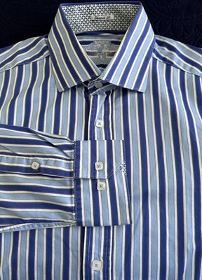 BUGATCHI Shaped Fit Mens LS Blue Striped Designer Casual Shirt Large 