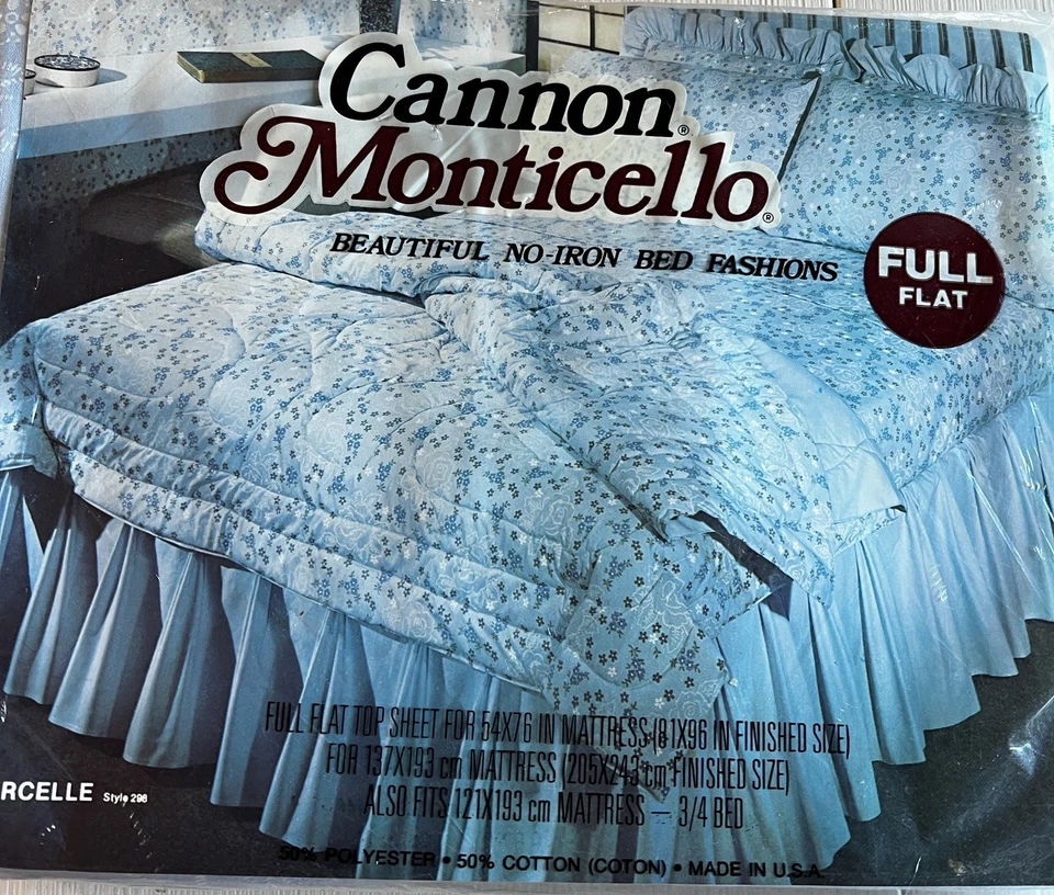 Cannon Monticello Full Flat Bed Sheet Blue Floral Marcelle Vintage No Iron NEW - Image 3 of 4
