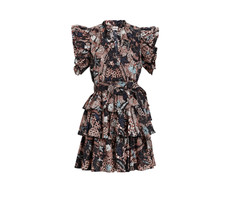 Ulla Johnson Honoria Mini Dress Womens 4 Pink Black Blue Cotton Poplin V-Neck