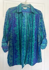 Vintage 80’s All Hours Blue Green Paisley Floral Button-Up Blouse Size Medium