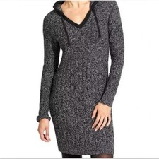 Athleta Black Marled Borealis Hooded LS Sweater Dress Wm S 100% Merino Wool