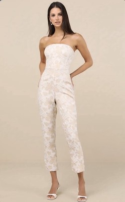 Lulus Elisabetta Cream Gold Jacquard Strapless Pantsuit Brocade Jumpsuit Bride