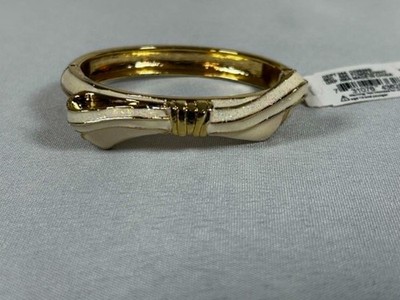 Anna and Ava Cream and Gold Bow Enamel Bangle Oval Hinged Bracelet NEW