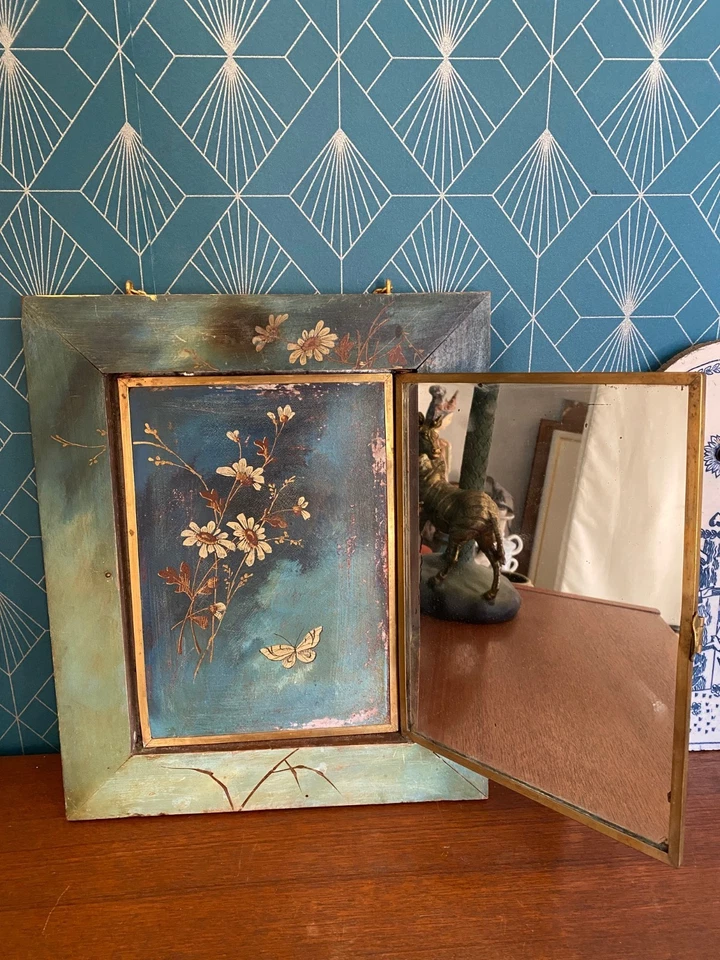 Miroir Triptyque Japonisant Breveté Laiton Bambou Papillons 1876 XIXe RARE - Photo 4/4