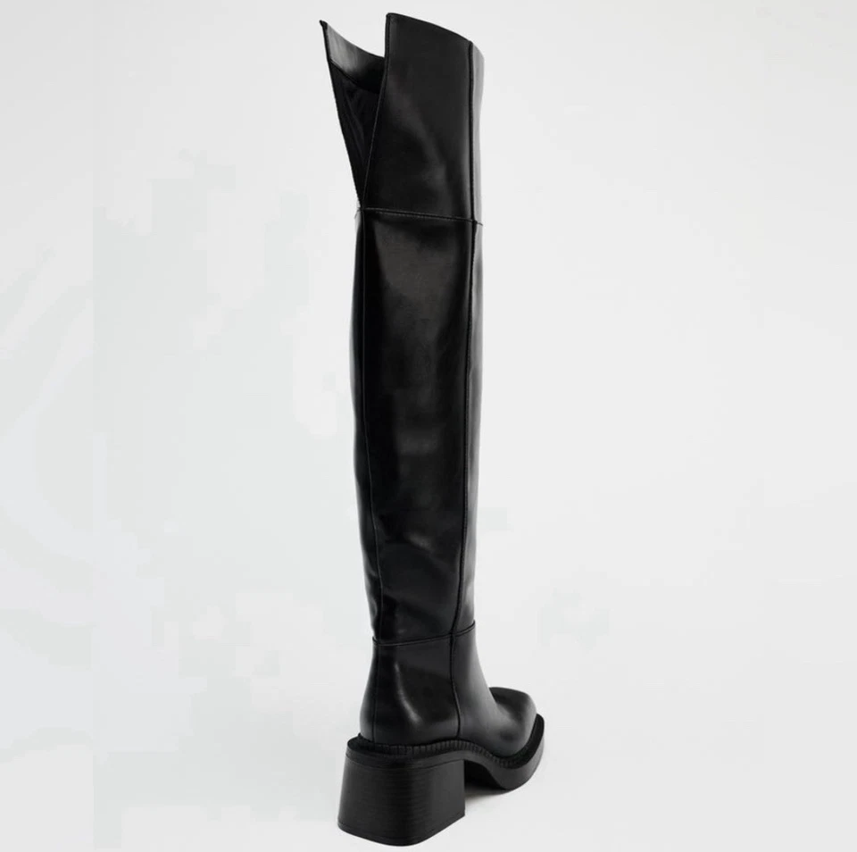 ZARA Women Square Toe Over-The-Knee Thigh High Leather Boots Black US 9 EUR 40 - Image 2 of 4