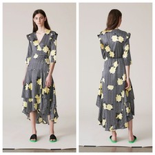 Ganni Calla Yellow Floral Silk Wrap Dress Assymetrical Ruffle Hem Size 34 US 4 S