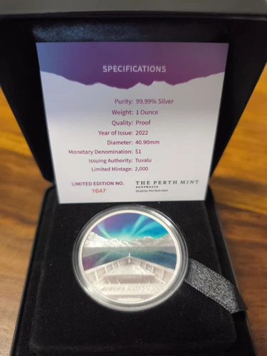 Moneda de plata Aurora Australis 1 oz Perth Mint Tuvalu 2022 1647/2000 - Imagen 1 de 5