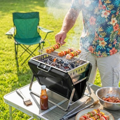 Outsunny Holzkohlegrill aus Edelstahl BBQ Smoker mit Grillrost Griff Schwarz