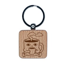 Tired Coffee Mug Drinking Coffee Engraved Wood Square Keychain Tag Charm