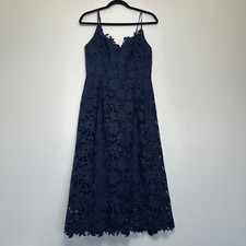 Skies Are Blue Lace Floral Dress Navy Blue A-line Lined Midi Size Small Flaw