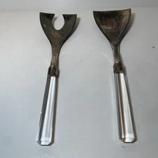  Vtg MCM Minimalist Salad Server Utensil Set Silver Plate Crystal Handles MCM 