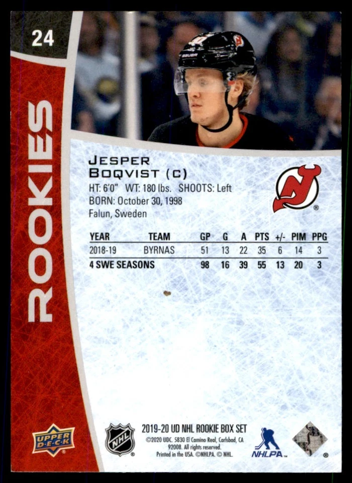 2019-20 Upper Deck NHL Rookie Box Set Jesper Boqvist RC New Jersey Devils #24 - Image 2 of 2
