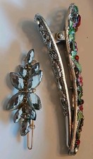 Pair Decorative, Jeweled Hair Clips Metal Scrolls W/ Enamel Flowers