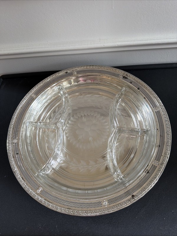 RARE J.E. Caldwell & Co Sterling Silver J 2 Serving Tray w/ Cut Crystal Divided