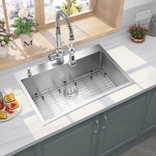 33 x 22in Drop in Single Bowl Kitchen Sink Nano Finish Handmade Sink W/Accessory