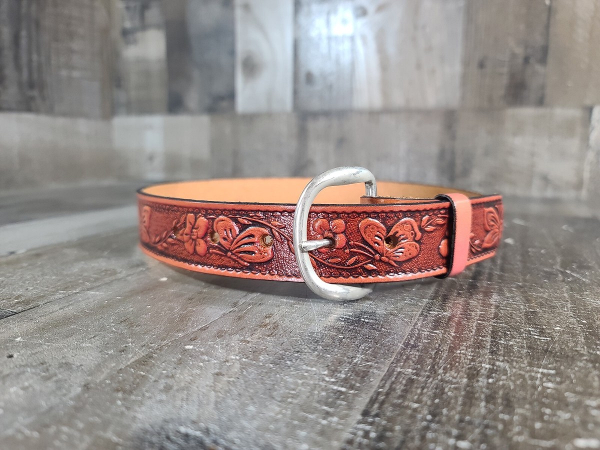 Butterfly Flower DESIGN Silver Buckle Leather Belt Hand 