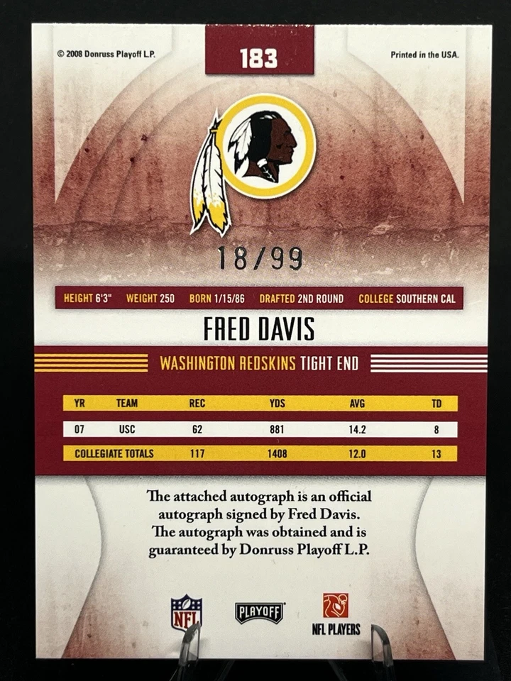 FRED DAVIS 2008 Playoff Absolute Memorabilia ROOKIE AUTO /99 #183 USC Redskins - Image 2 of 2