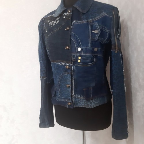 Chaqueta vaquera azul Patchwork talla M, chaqueta Boro de vaqueros reciclados envejecidos - Imagen 10 de 12