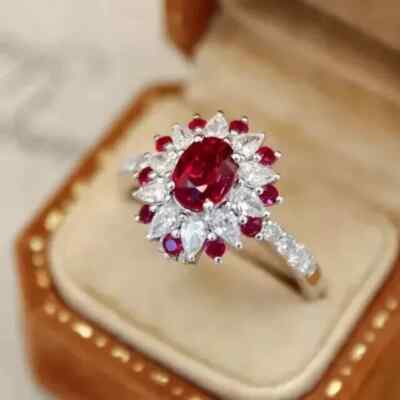 Lab-Created Red Ruby 2.00 CT Oval Cut Halo Engagement Ring 14K White Gold Plated