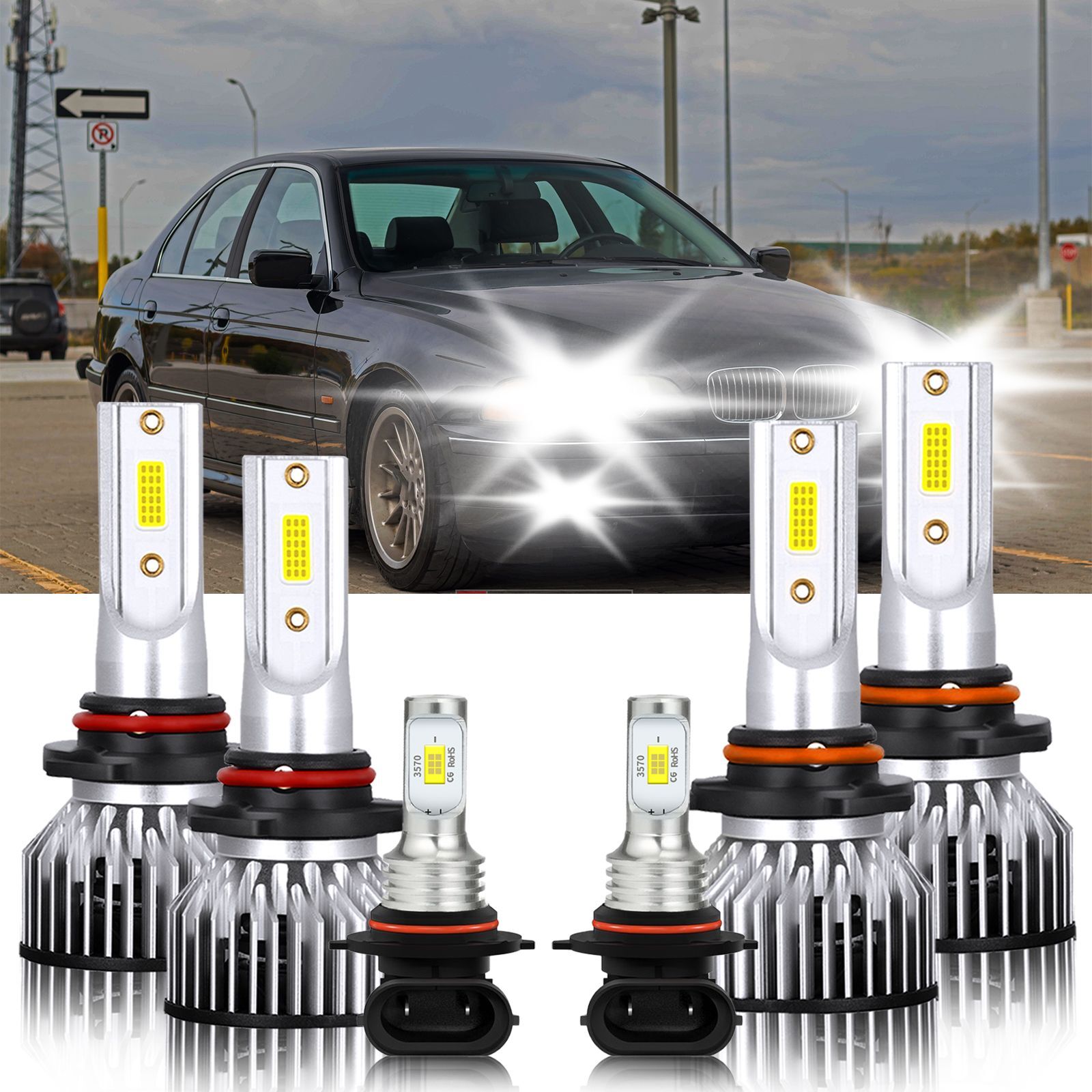 For BMW 540i 1994-1994 LED Headlight High Low Fog Light Bulbs Combo Kit 6000K