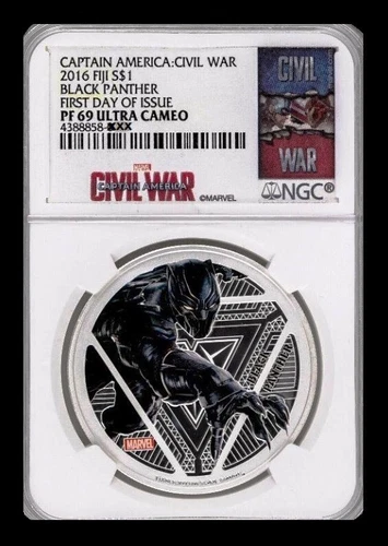 2016 FIJI BLACK PANTHER 1 OZ. SILVER 999 CAPTAIN AMERICA CIVIL WAR PF69 FDOI NGC