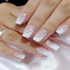24pcs Elegant White French Tip Press-On Nails with Sparkling Rhinestones Medium