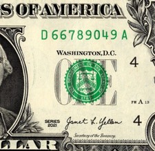 Five Digit Ladder Fancy Serial Number One Dollar Bill D66789049A UNC