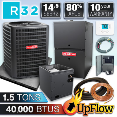 Goodman 1.5 Ton 14.5 SEER2 40K BTU 80% R32 AC & Upflow Gas Furnace Split System