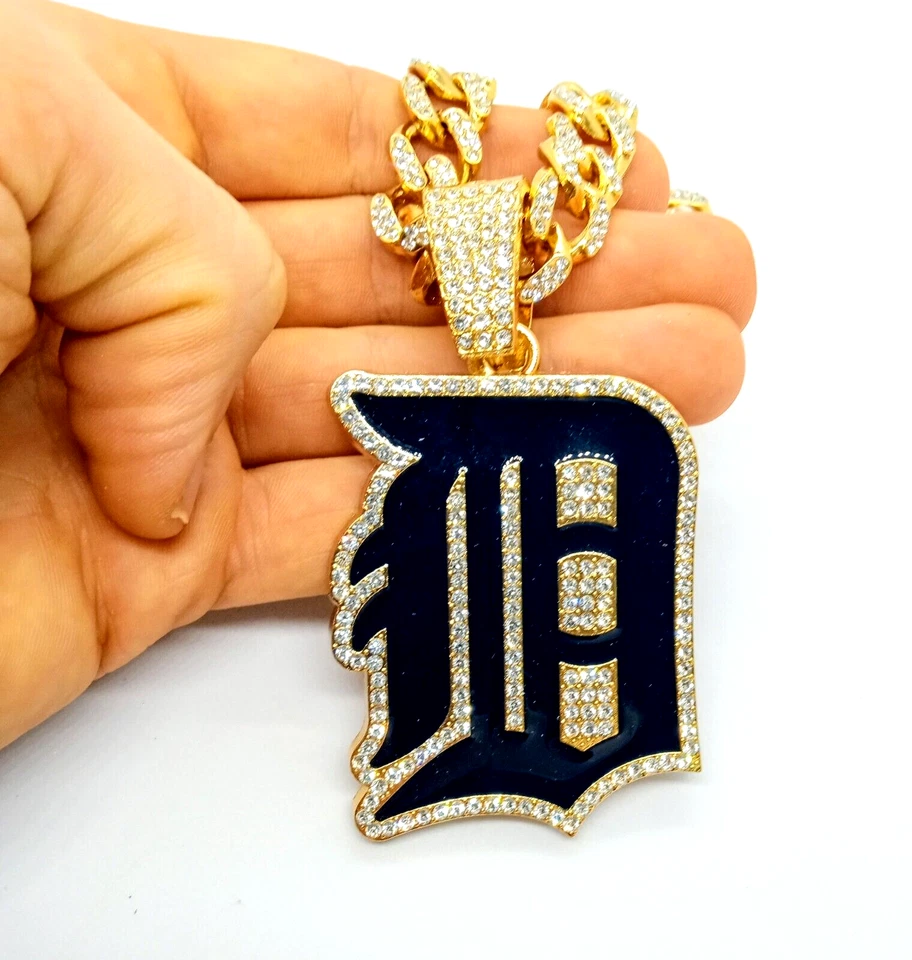 DETROIT TIGERS GEM NECKLACE Gold Bling MLB Hip Hop Baseball Pendant & 20" Chain - Image 2 of 4