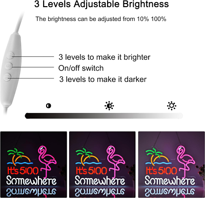 Insegna Al Neon Flamingo '5 00 O'clock Somewhere' Con LED Dimmerabili, 40x33 Cm, USB, Decorazione Murale Per Bar E Camerette - 6