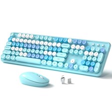 Wireless Keyboard and Mouse Full Size Retro Typewriter Round Keycaps Blue