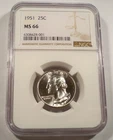 1951 NGC 25c MS66 WASHINGTON QUARTER BRIGHT WHITE SILVER MS 66