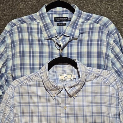 x2 Southern Tide Shirt Men Large Blue Plaid Intercoastal Performance