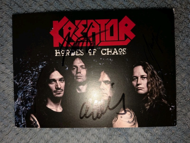 Kreator Signed 4x6 Postcard Hordes Of Chaos Full Band Thrash Metal Sodom RARE 