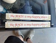 Coastal Beach Wall Sign Plaque, Painted Wood Rectangle Decor White/Red/Gold
