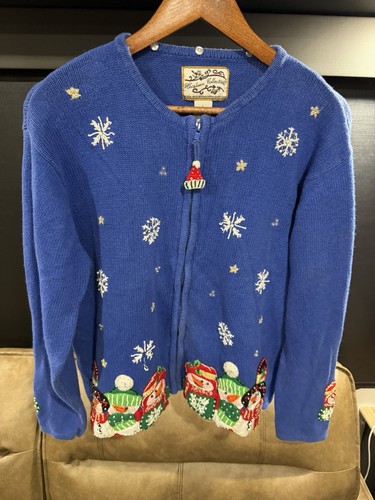 vintage heirloom collectibles Snowman Christmas Cardigan Sweater Blue Zip Sz L
