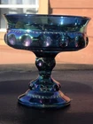 Indiana Glass Compote Iridescent Blue Kings Crown Carnival Glass Thumbprint