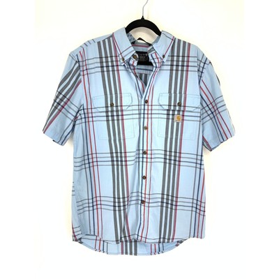 Carhartt Shirt Men's Size Medium Plaid Button-Down Loose Fit Short Sleeve Blue