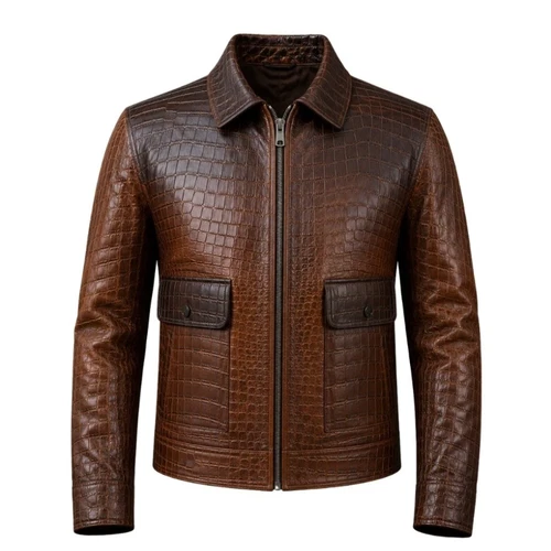 Mens Croc Print Real Brown Leather Biker Jacket Embossed Alligator Vintage - product listing photo