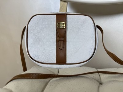 Vintage BALENCIAGA Canvas Leather Shoulder Bag Crossbody White Monogram  Auth