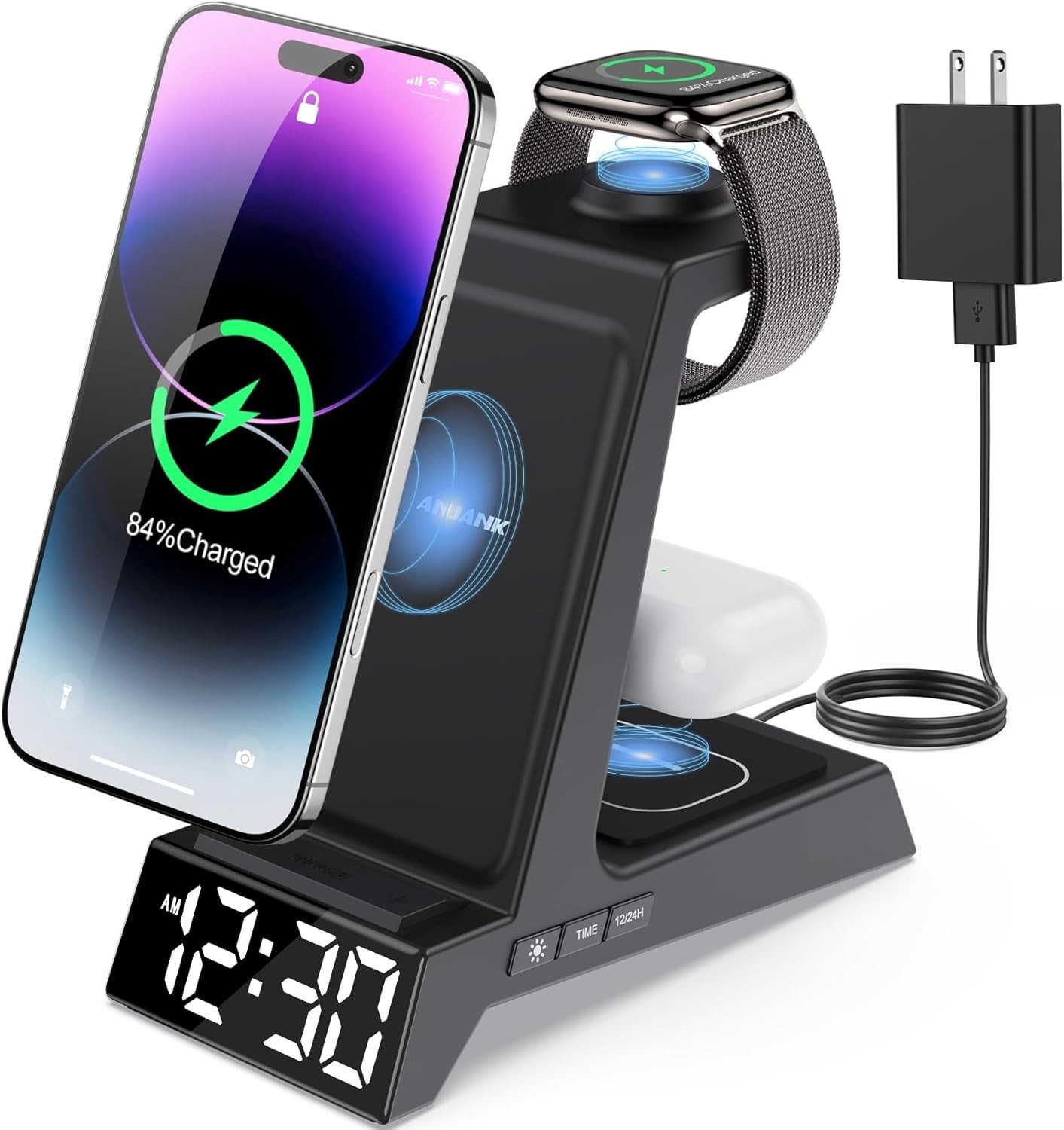 4 in 1 Wireless Charging Station Alarm Clock, Charging Dock 
