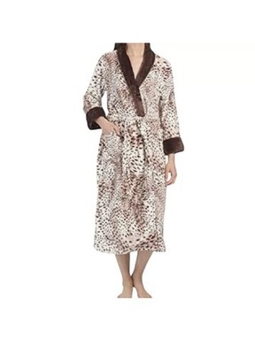 Natori Brushed Fleeced Plush Snow Leopard Shawl Collar Long Robe