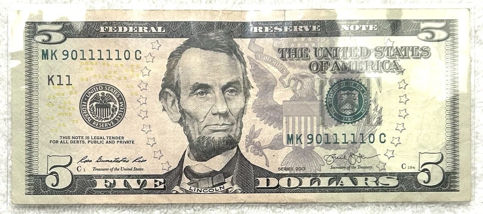 90111110 - Fancy Mini Radar Flipper Serial - 2013 $5 Bill Federal Reserve Note - Image 2 of 3