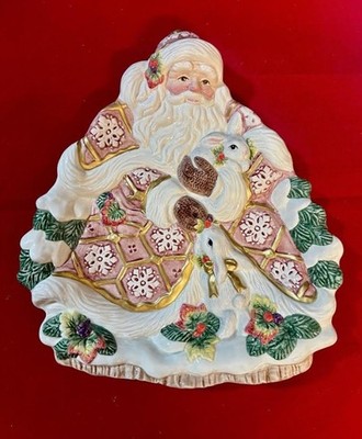 Vtg Fitz & Floyd Snowy Woods Christmas Santa w/ Bunnies Canape Plate Wall Hanger