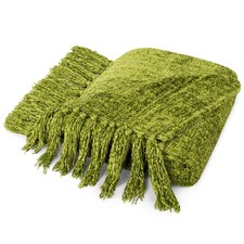 60x80 Inch Olive Green Chenille Throw Blanket Twin Bed Soft Knit Woven Tassel